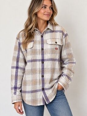 Plaid Button-Up Flannel Shacket in Cream, Beige & Lavender